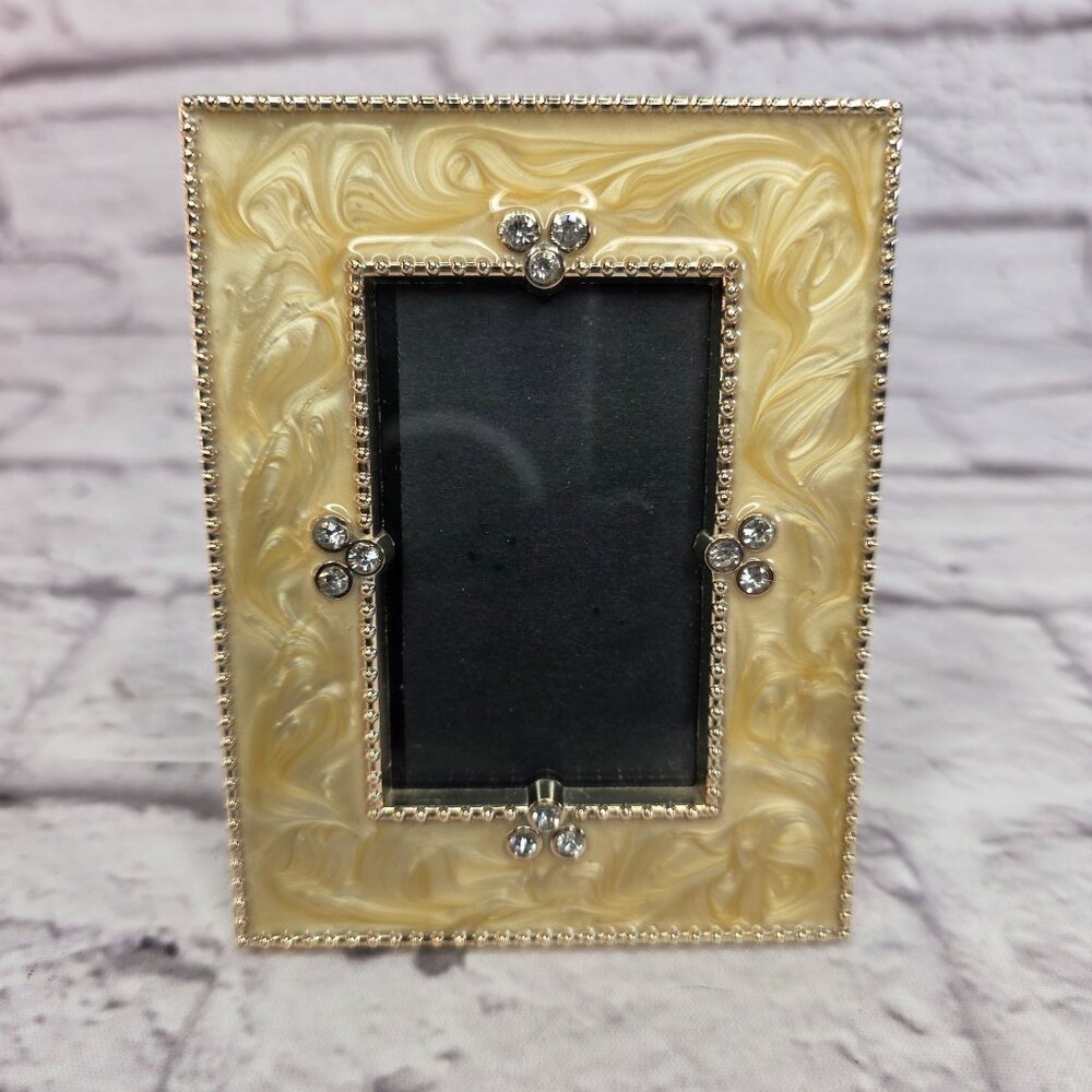 Vtg Golden Marbelized Art Deco Rhinestone Beading Edge Trim Photo Frame 1.5X 2.5 - Picture 2 of 9